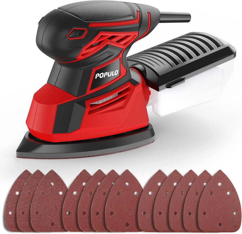 populo Electric Sander Tool,Hand Sander 14,000 OPM with 12 Pieces Sandpapers with Vacuum Attachment, Detail Sander with Dust Box for Woodworking,Suitable for Tight Spaces Sanding,Polishing - Image 1